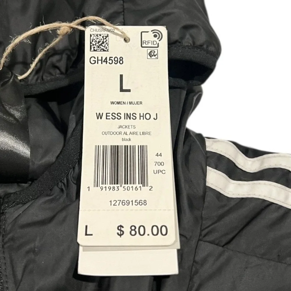 NWT Adidas Miami Men's L Black Full-Zip‎ Hooded Jacket White Stripes Logo